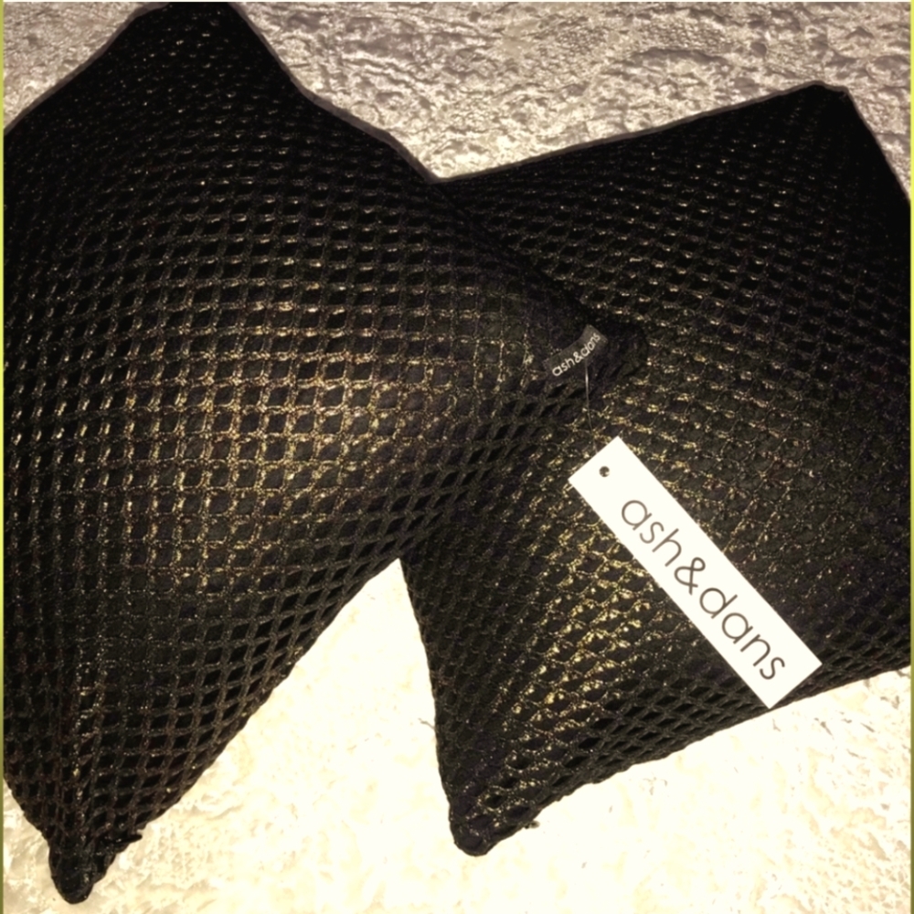 Set of TWO Ash & Dans Addy 16" X 16" Decorative Pillows Gold / Black Retail $330